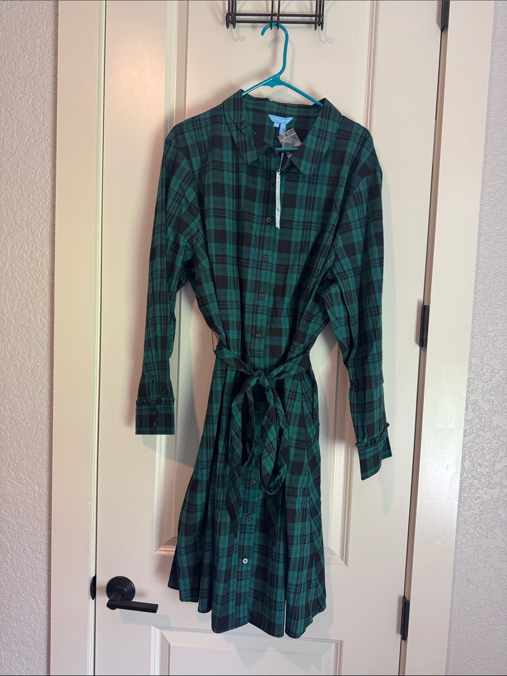 Draper James Green and Black Plaid Button-Front Shirt Dress with Waist Tie